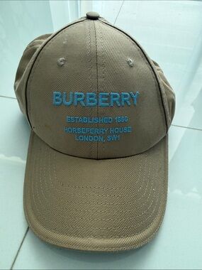 Burberry Khaki Baseball Cap with Light Blue Embroidered Logo
